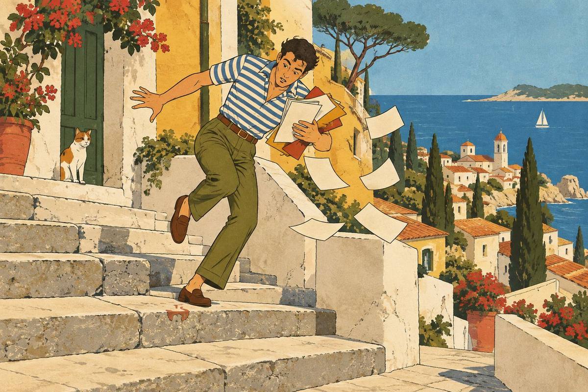 Illustrazione anni Ottanta: un uomo inciampa sullo stesso gradino di una scalinata, mentre i fogli gli volano dalle mani