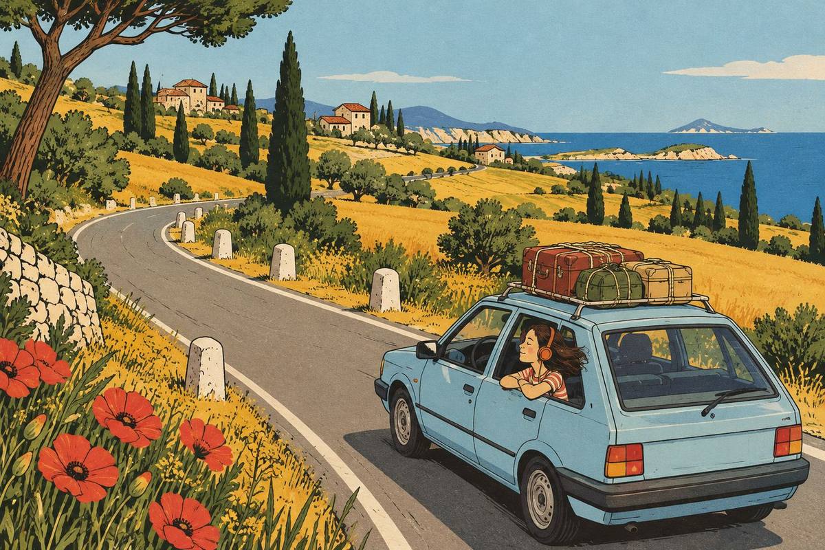 Illustrazione anni Ottanta: un'utilitaria azzurra con le valigie sul tetto percorre una strada di campagna segnata da cippi bianchi