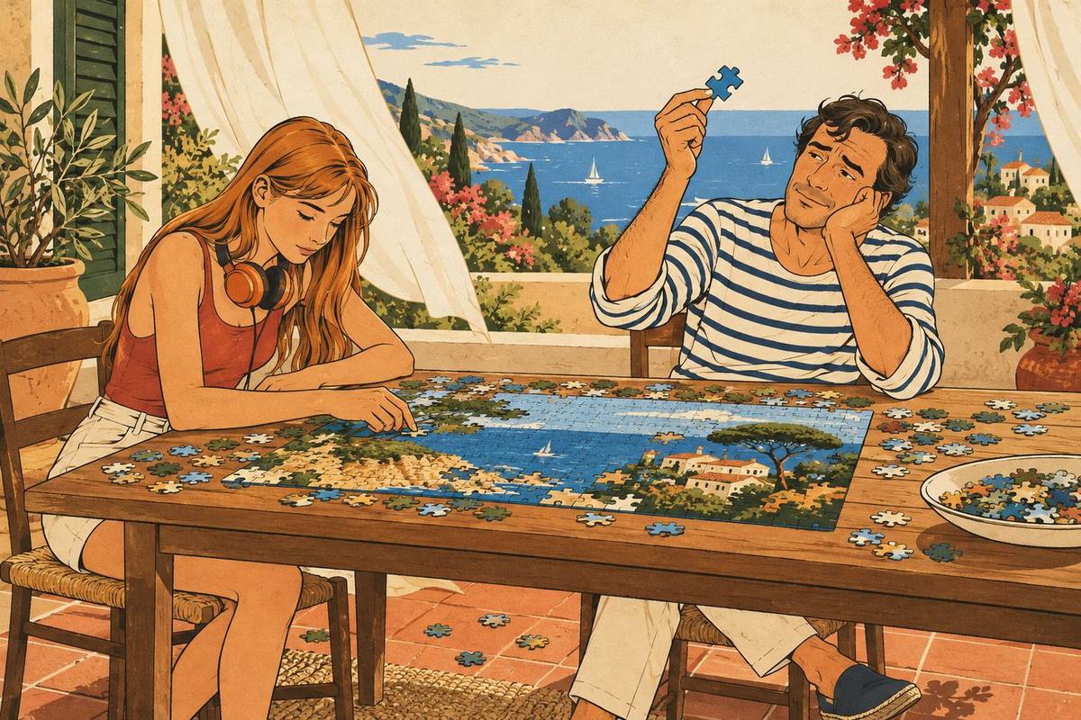Illustrazione anni Ottanta: padre e figlia compongono un puzzle sulla veranda, lui con un tassello in mano senza sapere dove metterlo