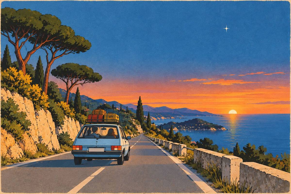 Illustrazione anni Ottanta: l'auto con le valigie corre al tramonto lungo la costa, sotto una stella che indica la rotta