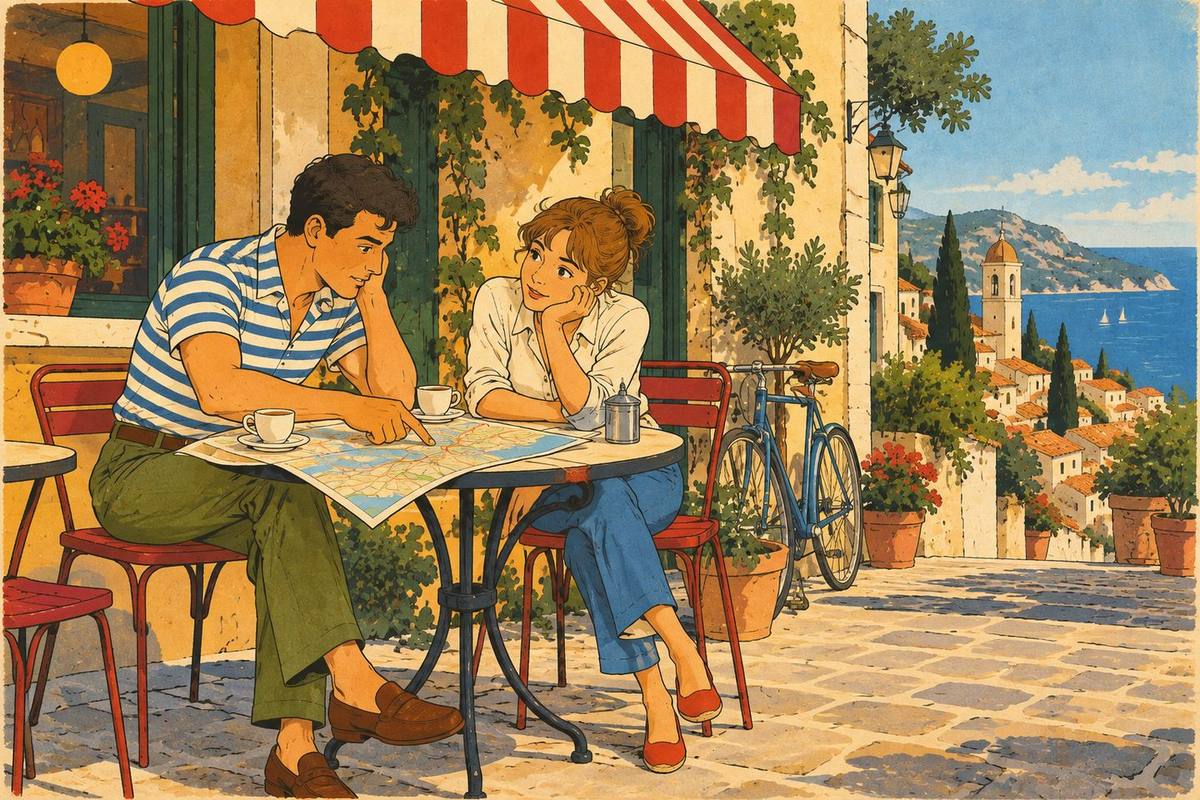 Illustrazione anni Ottanta: due persone parlano davanti a un caffè, con una cartina stradale aperta sul tavolino