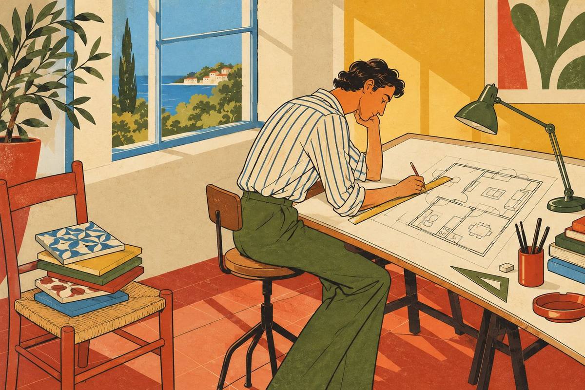 Illustrazione anni Ottanta: un architetto disegna la pianta di una casa, mentre i campioni di piastrelle aspettano su una sedia